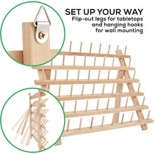 Load image into Gallery viewer, JumblCrafts Wooden Thread Holder. 60-Spool Thread Rack with Hanging Hooks & Flip-Out Legs