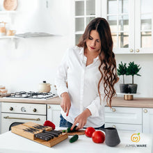 Load image into Gallery viewer, JumblWare Bamboo Knife Block, In-Drawer Knife Drawer Organizer Fits 16 Steak Knives & Sharpener