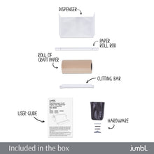 Load image into Gallery viewer, Jumbl Kraft Paper Wall Dispenser, 8" Wall Mounted Paper Roll Dispenser with Paper Cutter (White)