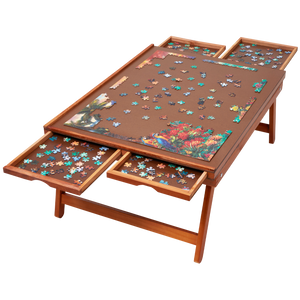 Freestanding Wooden Puzzle Board with Foldable Legs and 4 Storage Drawers