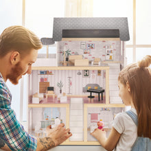 Load image into Gallery viewer, Lil’ Jumbl Kids Wooden Dollhouse, 17-Piece Accessories & Furniture are Included, with Balcony & Stairs, 3 Story Easy to Assemble Doll House Toy