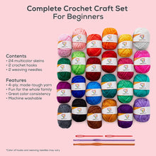 Load image into Gallery viewer, JumblCrafts Mini 24-Yarn Starter Crocheting Kit with 24 Skeins, 2 Crochet Hooks & 2 Weaving Needles