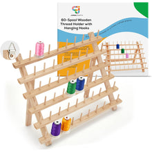 Load image into Gallery viewer, JumblCrafts Wooden Thread Holder. 60-Spool Thread Rack with Hanging Hooks & Flip-Out Legs