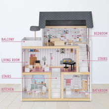 Load image into Gallery viewer, Lil’ Jumbl Kids Wooden Dollhouse, 17-Piece Accessories & Furniture are Included, with Balcony & Stairs, 3 Story Easy to Assemble Doll House Toy