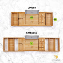 Load image into Gallery viewer, JumblWare Bamboo Bathtub Caddy, Waterproof Wooden Bath Tray with Handles & Extendable Sides
