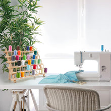 Load image into Gallery viewer, JumblCrafts Wooden Thread Holder. 60-Spool Thread Rack with Hanging Hooks & Flip-Out Legs