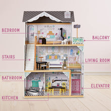 Load image into Gallery viewer, Lil' Jumbl X-Large Wooden Dollhouse, 3 Story Doll House Set with Elevator, Stairs & Accessories