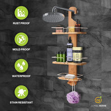 Load image into Gallery viewer, JumblWare Bamboo Shower Caddy, Hanging 3-Tier Suction Cup Shower Organizer with Holder & Hooks