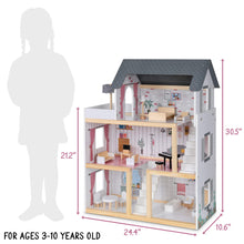 Load image into Gallery viewer, Lil’ Jumbl Kids Wooden Dollhouse, 17-Piece Accessories & Furniture are Included, with Balcony & Stairs, 3 Story Easy to Assemble Doll House Toy