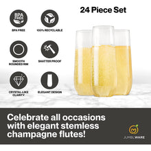 Load image into Gallery viewer, JumblWare 24 Clear Stemless Plastic Champagne Flutes (9-oz.), Recyclable, Disposable & Shatterproof