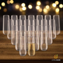 Load image into Gallery viewer, JumblWare 24 Clear Stemless Plastic Champagne Flutes (9-oz.), Recyclable, Disposable & Shatterproof