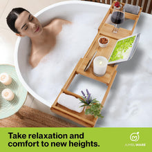 Load image into Gallery viewer, JumblWare Bamboo Bathtub Caddy, Waterproof Wooden Bath Tray with Handles & Extendable Sides