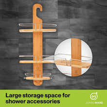 Load image into Gallery viewer, JumblWare Bamboo Shower Caddy, Hanging 3-Tier Suction Cup Shower Organizer with Holder & Hooks