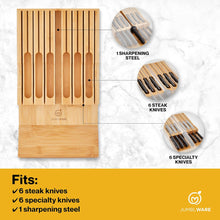 Load image into Gallery viewer, JumblWare Bamboo Knife Block, In-Drawer Knife Drawer Organizer Fits 16 Steak Knives & Sharpener