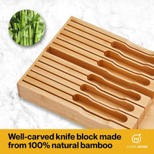 Load image into Gallery viewer, JumblWare Bamboo Knife Block, In-Drawer Knife Drawer Organizer Fits 16 Steak Knives & Sharpener