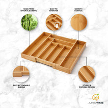 Load image into Gallery viewer, JumblWare Bamboo Drawer Organizer and Extendable Kitchen Silverware Organizer with Dividers