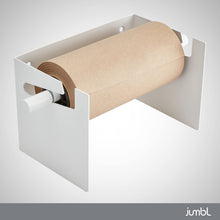 Load image into Gallery viewer, Jumbl Kraft Paper Wall Dispenser, 8" Wall Mounted Paper Roll Dispenser with Paper Cutter (White)