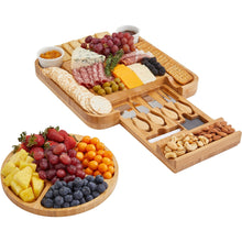 Load image into Gallery viewer, JumblWare Bamboo Cheese Board and Fruit Platter, Wooden Meat and Cheese Tray with Knife Set