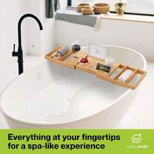 Load image into Gallery viewer, JumblWare Bamboo Bathtub Caddy, Waterproof Wooden Bath Tray with Handles & Extendable Sides