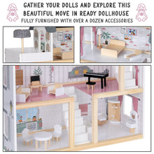 Load image into Gallery viewer, Lil’ Jumbl Kids Wooden Dollhouse, 17-Piece Accessories & Furniture are Included, with Balcony & Stairs, 3 Story Easy to Assemble Doll House Toy