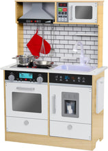 Load image into Gallery viewer, Lil&#39; Jumbl Kids Natural Small Kitchen Set, Pretend Wooden Play Kitchen, Includes Range Hood, Microwave, Stove Top, Oven That Make Realistic Sound &amp; Light, Pots, Pan, Cutting Board &amp; Utensils Included
