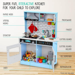 Lil' Jumbl Kids Natural Small Kitchen Set, Pretend Wooden Play Kitchen, Includes Range Hood, Microwave, Stove Top, Oven That Make Realistic Sound & Light, Pots, Pan, Cutting Board & Utensils Included