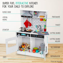 Load image into Gallery viewer, Lil&#39; Jumbl Kids Natural Small Kitchen Set, Pretend Wooden Play Kitchen, Includes Range Hood, Microwave, Stove Top, Oven That Make Realistic Sound &amp; Light, Pots, Pan, Cutting Board &amp; Utensils Included
