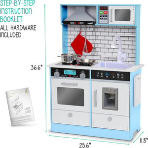 Lil' Jumbl Kids Natural Small Kitchen Set, Pretend Wooden Play Kitchen, Includes Range Hood, Microwave, Stove Top, Oven That Make Realistic Sound & Light, Pots, Pan, Cutting Board & Utensils Included