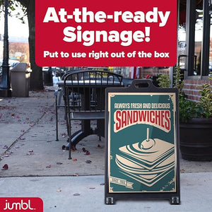 Jumbl 24" x 36" A-Frame Signboard | 2-Sided Sidewalk Sign Holder w/ Portable Wheels for Indoor & Outdoor Use | Display Open Sign, Business Hours, Restaurant Menu, Store Sale | Black