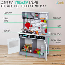 Load image into Gallery viewer, Lil&#39; Jumbl Kids Natural Small Kitchen Set, Pretend Wooden Play Kitchen, Includes Range Hood, Microwave, Stove Top, Oven That Make Realistic Sound &amp; Light, Pots, Pan, Cutting Board &amp; Utensils Included
