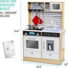 Load image into Gallery viewer, Lil&#39; Jumbl Kids Natural Small Kitchen Set, Pretend Wooden Play Kitchen, Includes Range Hood, Microwave, Stove Top, Oven That Make Realistic Sound &amp; Light, Pots, Pan, Cutting Board &amp; Utensils Included
