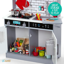 Load image into Gallery viewer, Lil&#39; Jumbl Kids Natural Small Kitchen Set, Pretend Wooden Play Kitchen, Includes Range Hood, Microwave, Stove Top, Oven That Make Realistic Sound &amp; Light, Pots, Pan, Cutting Board &amp; Utensils Included
