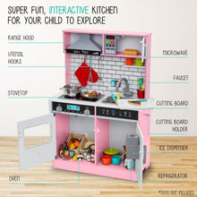 Load image into Gallery viewer, Lil&#39; Jumbl Kids Natural Small Kitchen Set, Pretend Wooden Play Kitchen, Includes Range Hood, Microwave, Stove Top, Oven That Make Realistic Sound &amp; Light, Pots, Pan, Cutting Board &amp; Utensils Included
