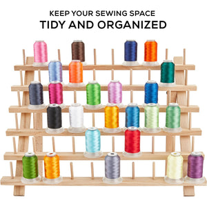 JumblCrafts Wooden Thread Holder. 60-Spool Thread Rack with Hanging Hooks & Flip-Out Legs