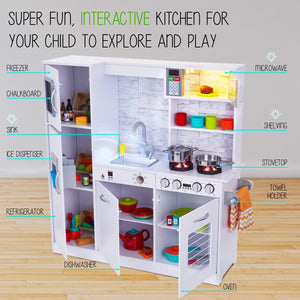 Lil' Jumbl Premium Kids Kitchen Set, Wooden Pretend Play Kitchen with Sounds & Accessories - White