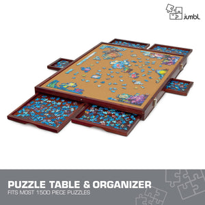 Jumbl 1500-Piece Puzzle Board - 27 x 35" Tilting Puzzle Board with Felt Surface & 6 Drawers - Brown