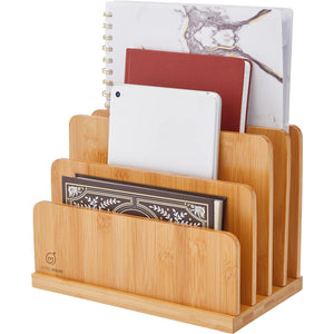 JumblWare Bamboo Desktop File Organizer, 4 Slot Wooden File Sorter, Holder & Organizing Tray