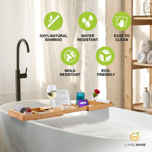 Load image into Gallery viewer, JumblWare Bamboo Bathtub Caddy, Waterproof Wooden Bath Tray with Handles &amp; Extendable Sides
