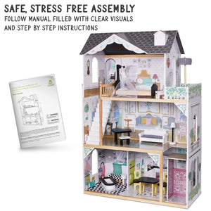 Lil' Jumbl X-Large Wooden Dollhouse, 3 Story Doll House Set with Elevator, Stairs & Accessories