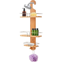 Load image into Gallery viewer, JumblWare Bamboo Shower Caddy, Hanging 3-Tier Suction Cup Shower Organizer with Holder &amp; Hooks
