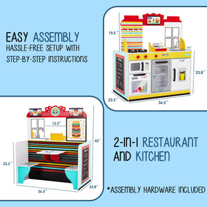 Lil’ Jumbl Double-Sided Restaurant Pretend Play Set, Wooden Diner Set with Sounds & Accessories