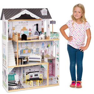 Lil' Jumbl X-Large Wooden Dollhouse, 3 Story Doll House Set with Elevator, Stairs & Accessories