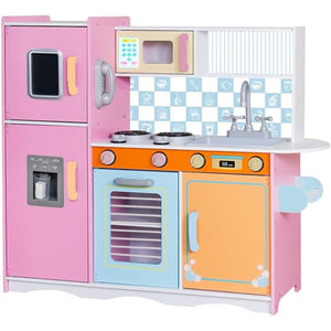 Lil' Jumbl Kids Kitchen Set, Wooden Pretend Play Kitchen with Sounds & Accessories - Pink Colorful