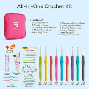 JumblCrafts Ultimate Crochet Starter Kit - 24 Yarn Set with Travel Bag, Crochet Hooks, and More