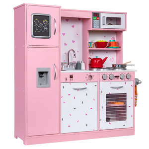 Freestanding Interactive Wooden Play Kitchen Set (Pink 1)
