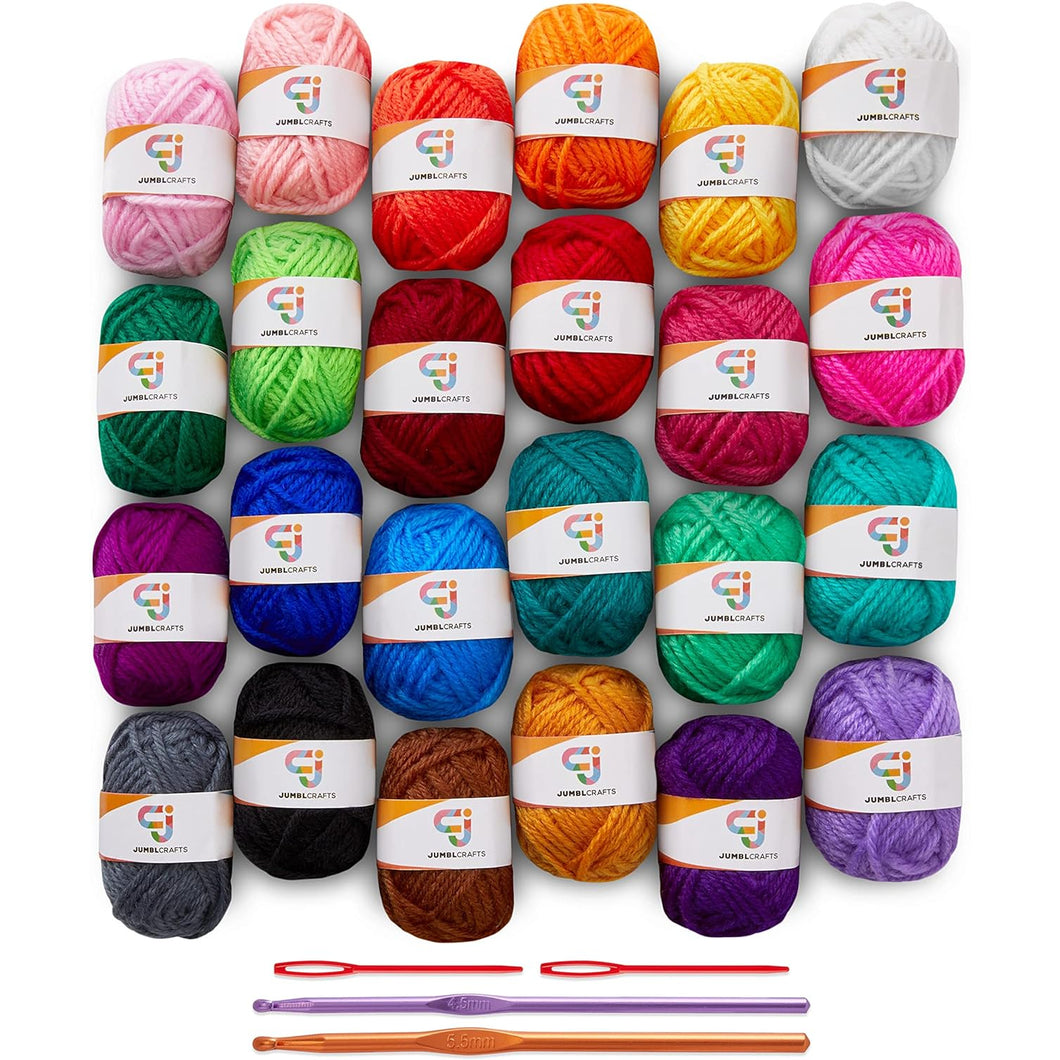JumblCrafts Mini 24-Yarn Starter Crocheting Kit with 24 Skeins, 2 Crochet Hooks & 2 Weaving Needles