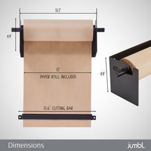 Jumbl Kraft Paper Wall Dispenser, 12" Wall Mounted Paper Roll Dispenser with Paper Cutter (Black)