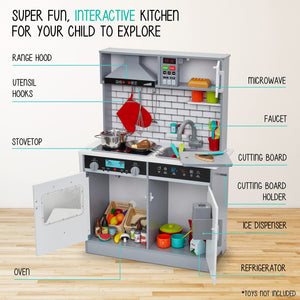 Lil' Jumbl Kids Kitchen Set, Wooden Pretend Play Kitchen with Sounds & Accessories - Gray