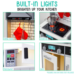 Lil' Jumbl Kids Kitchen Set, Wooden Pretend Play Kitchen with Sounds & Accessories - Gray