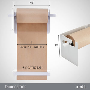 Jumbl Kraft Paper Wall Dispenser, 8" Wall Mounted Paper Roll Dispenser with Paper Cutter (White)